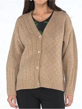 Cabi Neighbor Cardigan.  Cable-Knit V-Neck Cardigan - Camel